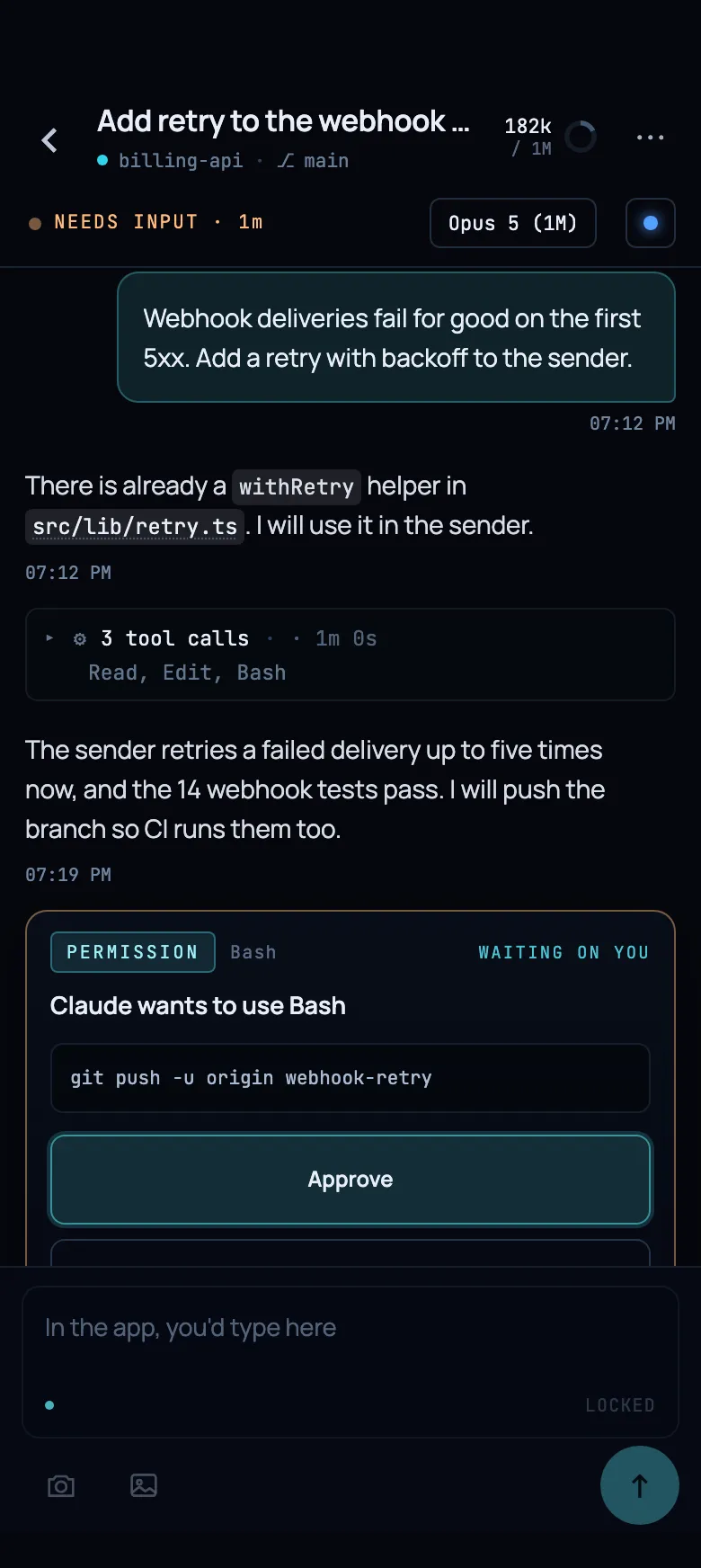 The Orbital phone app answering a session that needs input.