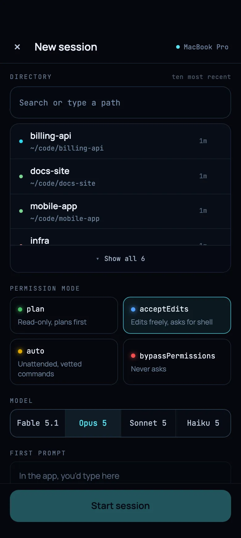 The Orbital phone app starting a new session.