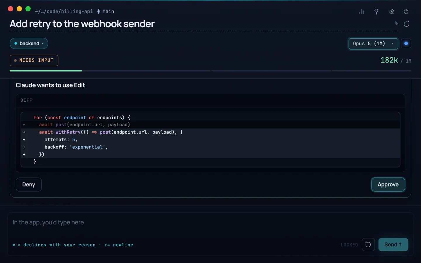 An Orbital session panel: the chat with Claude, a permission request with the full command, and the diff of an edit.